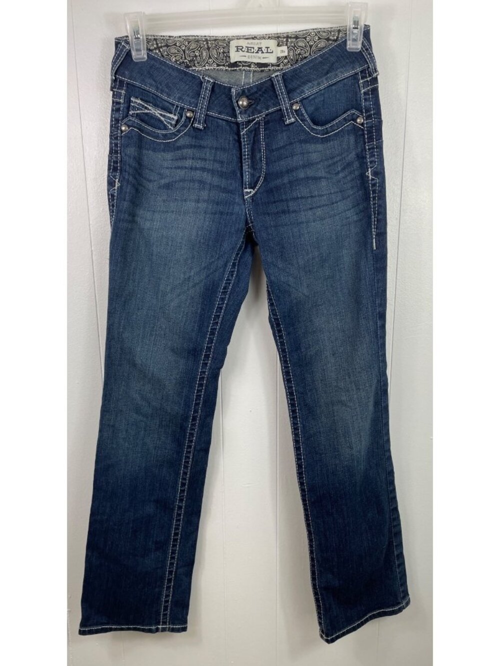 Ariat Womens Real Denim Jeans Size 28S Medium Wash Bootcut Paisley Waistband